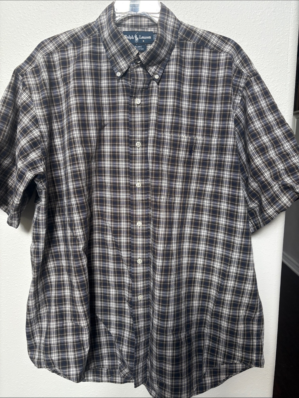 Ralph Lauren Plaid Short-Sleeve Button-Down Shirt in Navy, Gray & White mens L